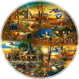 Cabins in the Woods Sunrise / Sunset Round Jigsaw Puzzle By SunsOut