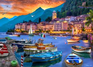 Lake Como Harbor - Scratch and Dent Sunrise & Sunset Jigsaw Puzzle By Vermont Christmas Company