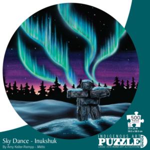 Sky Dance - Inukshuk Cultural Art Round Jigsaw Puzzle By Indigenous Collection