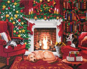 Pets by the Fireplace LED Crystal Art Large Framed Kit By Crystal Art