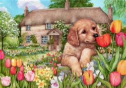 Puppy at Tulip Cottage Garden Jigsaw Puzzle By All Jigsaw Puzzles